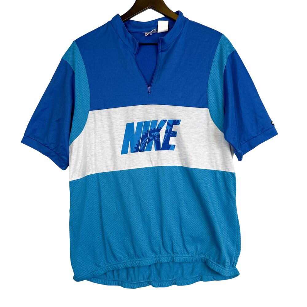 Vintage 1990s Nike 1/4 Zip Cycling Shirt Blue Stripe Mens - L